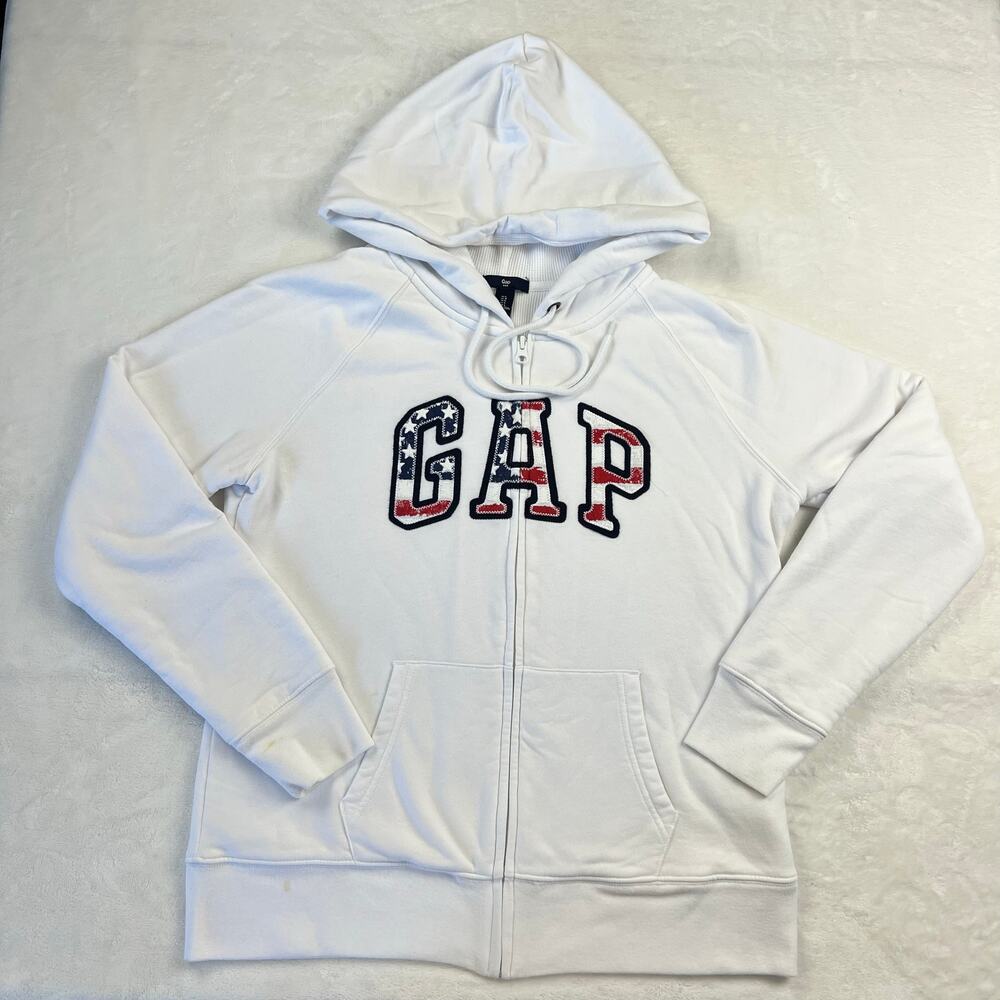 Gap White Red Blue Thermal lined Hooded zip up Sweatshirt patriotic size Large